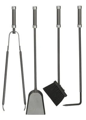 A set of fireplace tools including tongs, a shovel, a broom, and a poker, arranged on a white background.