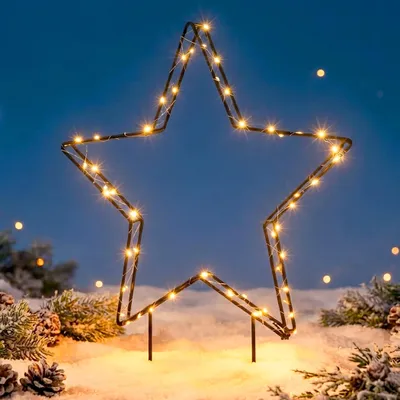 Produktbild von LED Gartenstecker Stern 54 cm für Außen und Innen mit Timer - 56 LED - Metall Stern Silhouette warm weiß beleuchtet batteriebetrieben