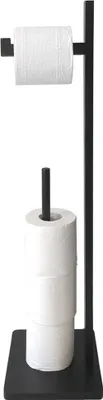 A black metal toilet paper stand with one roll of toilet paper on top and three rolls stacked on the bottom.
