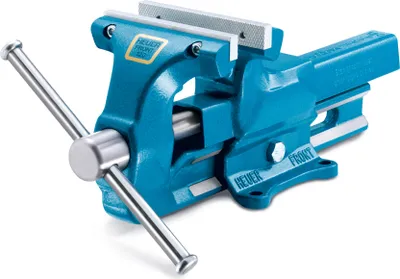 A blue metal vise is shown against a white background.