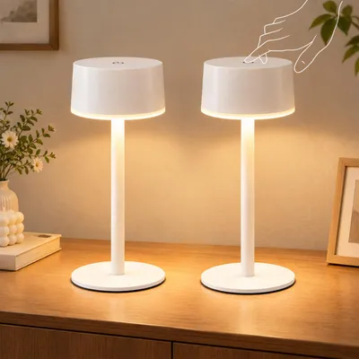 Obrázok produktu pre ZMH Stolná lampa s dotykovým ovládaním, 2 kusy, nabíjacie, 1800 mAh, IP44, 19 cm, 3000K LED, s protišmykovým podstavcom, čítacia lampa do spálne, biela
