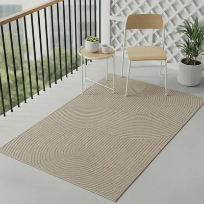 Produktbild von Teppich Outdoor grafisches Linienmuster wetterfest Terrasse Balkon Beige Größe - 80 x 150 cm