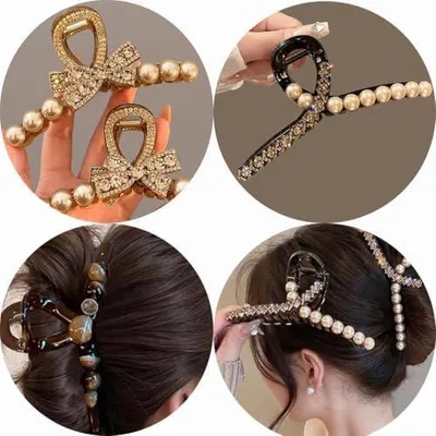 Produktbild von Perlen-Haarspangen für Damen und Mädchen, 3 Stück, modische Vintage-Haarclips mit großer Klammer, rutschfeste Spangen für dickes und dünnes Haar