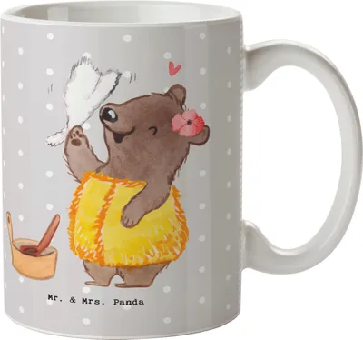 Produktbild von Mr. & Mrs. Panda Henkelbecher Saunameisterin Herz - Grau Pastell - Geschenk, Becher, Tasse, kaffeetasse bedruckt, Teepott, Teetasse
