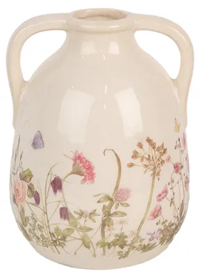 Imagen del producto de Florero Clayre & Eef, diámetro 14 cm, altura 18 cm, color beige y rosa, material: cerámica, ideal para flores