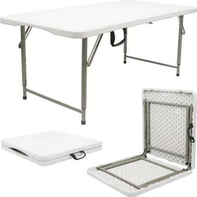 A white folding table is shown in its upright, folded, and partially folded states against a white background.