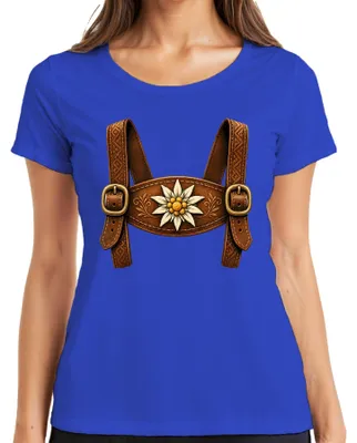 Productafbeelding van Lederhosen, traditionele kleding, Edelweiß, , Beierse kleding, Dirndl, Alpen, dames T-shirt, blauw, maat S
