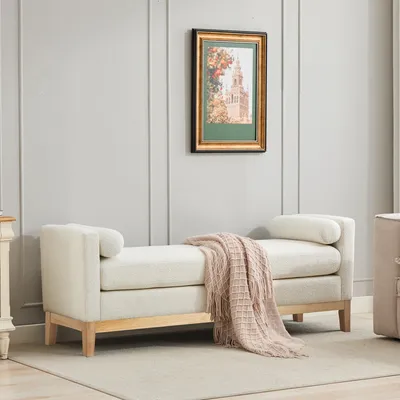 Produktbild von Polsterbank 149 cm mit Holzbeinen & 2 Kissen – Tagesliege & Hocker in Elfenbein, Chenille-Bezug, für Bettende, Wohnzimmer & Eingangsbereich