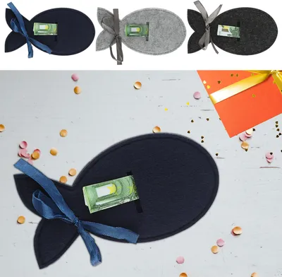 Produktbild von Geldgeschenk Fisch 3er Set Filz navyblau dunkelgrau hellgrau Verpackung Gastgeschenk Geschenk