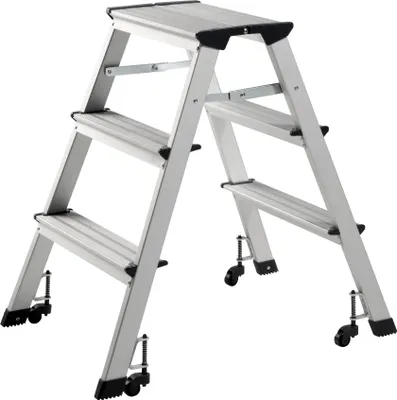 A silver aluminum step stool with black accents and wheels is shown against a white background.