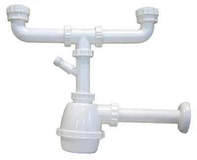 Produktbild von Idro Bric S0004 Ablaufsiphon für Doppelspülbecken mit 1 1/4"-Anschluss für Waschmaschine/Geschirrspüler, Weiß