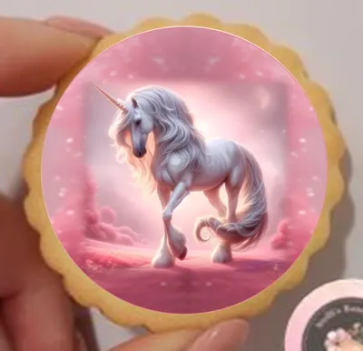 Produktbild von Einhorn pink Glitzer rund  Keks / Cupcake Aufleger 1 Seite A4 Oblatenpapier 0,6 Wafer Paper Ausstanzung rund  3,8 cm 35 Stk.