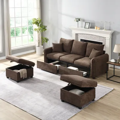 A brown sectional sofa with hidden storage and two accompanying ottomans, set in a living room with a fireplace and large window.