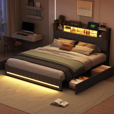 Produktbild von Bett (140 x 200 cm) mit LED- und USB-Kopfteil, 4 Schubladen, Lattenrost, Leinenbezug, Grau