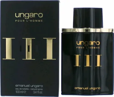 A black box and bottle of Emanuel Ungaro Homme III eau de Toilette for men.