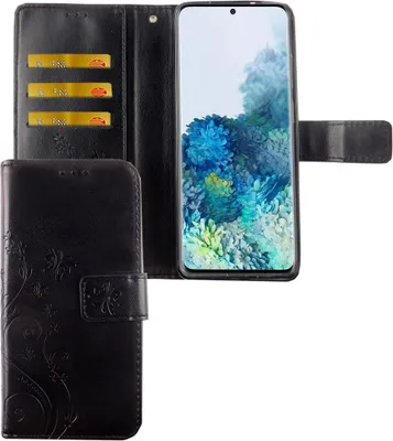 A black flip case for a Samsung Galaxy S20 Plus phone, shown open with the phone inside and card slots visible.