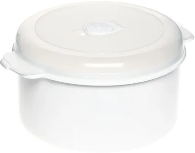 A white plastic container with a transparent lid, shown from a slightly elevated side angle against a white background.