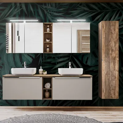 Produktbild von Badmöbel Set in taupe mit Vintage Eiche PUEBLA-56-TAUPE Doppel-Waschtisch mit 2 Keramik-Waschbecken, 2 LED-Spiegelschränke & 1 Hochschrank, B/H/T 225/200/46 cm