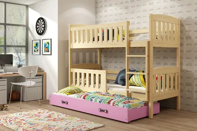 Image de Lit superposé enfant avec lit d'appoint et matelas 90x200 BRIGID - pin / rose