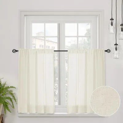Image de Rideau en lin - Semi-transparent - Pour cuisine et fenêtres - Beige clair - H 60 x L 60 cm