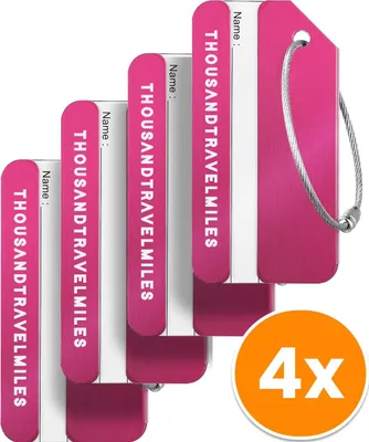 Produktbild von Aluminium Kofferanhänger Set 4 Stück – Gepäckanhänger mit Adressschild für Reisegepäck – Rosa – kompakt und wiederverwendbar – Thousandtravelmiles