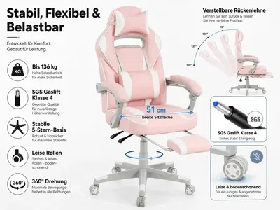 Produktbild von Gamingstuhl - Ergonomischer höhenverstellbarer Bürostuhl mit hoher Rückenlehne - Ausziehbare Fußstütze - Lendenstütze - Kopfstütze - 360° Drehbar - Rosa