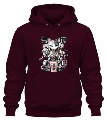 Productafbeelding van Cyberpunk kat, ramen, noedels, mecha, Japan, anime, Y2K, otaku, hoodie, sweater, bordeauxrood, maat L