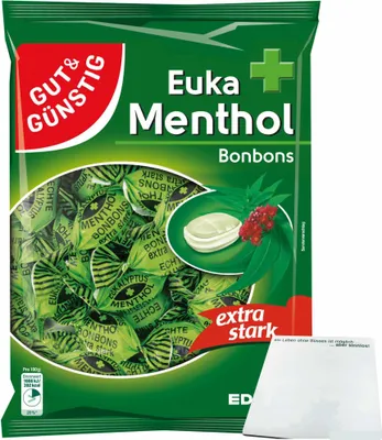 Produktbild von Gut & Günstig Euka-Menthol-Bonbons extra stark (300g Packung) + usy Block