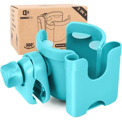 Produktbild von Kinderwagen Getränkehalter mit Handyhülle, 2-in-1 Aufbewahrungsregal, 360° drehbar, blau