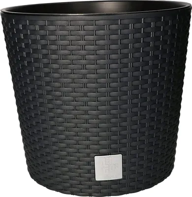 A black planter with a woven texture and a small silver logo plate on the front.