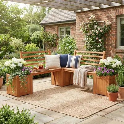 Image de Banc de jardin Zerbaco, en bois, avec jardinière et dossier, pour terrasse