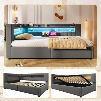 Image de Lit rembourré 90 x 200 cm avec éclairage LED et port USB-C, aspect lin gris, lit de jour pour adolescent avec rangement hydraulique et tête de lit. Matelas non inclus.