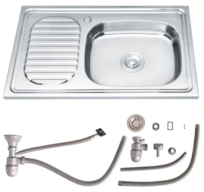 Produktbild von Edelstahl-Spüle für die Küche mit Ablaufgarnitur und Siphon