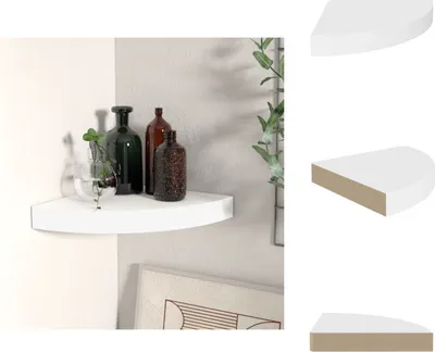 A white corner shelf with decorative bottles and a plant.