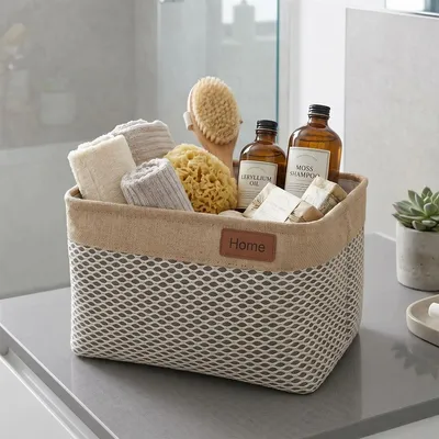 Produktbild von Aufbewahrungskorb "Home" Stoffkorb grün mit Häkelmuster, Bad Körbchen, Aufbewahrungsbox, Korb für Wohnzimmer, Küche, Badezimmer