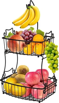 Productafbeelding van Unyqoos® 2-laags fruitmand van metaaldraad met bananenhanger, afneembaar – 3-in-1 fruitschaal/groentemand, roestbestendig, eenvoudige montage, zwart