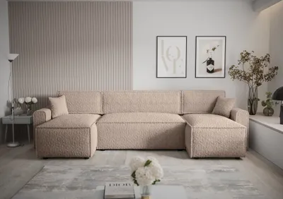 Produktbild von Ecksofa Alvito U BIS, Farbe: Hellbraun. Material: Bouclé. A: B: 330 cm,H: 85 cm,Otomana Länge: 140 cm, Eckcouch, Schlafcouch, Sofa bed, Schlafsofa