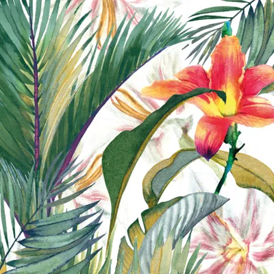 Produktbild von 20 Servietten Tropical Paradise - Tropische Blüte um Blätter 33x33cm