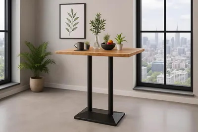 Produktbild von Bistrotisch Baumkante massiv 100 x 60 cm Mango naturfarben Doppelsäulengestell schwarz IAN