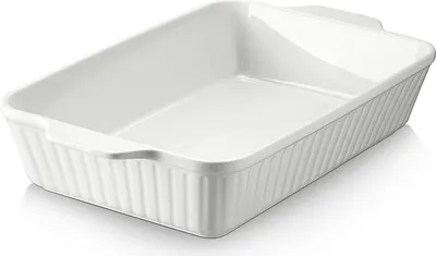 Zdjęcie produktu dla DOWAN Duże ceramiczne naczynie do zapiekania 33 x 24 cm, żaroodporne głębokie naczynie do zapiekania z 2 uchwytami do lasagne i zapiekanek, można myć w zmywarce, białe