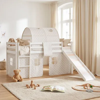 Produktbild von Homestyle4u Hochbett 90x200 Kinder Weiß ohne Lattenrost mit Rutsche Spielbett Tunnel Sterne