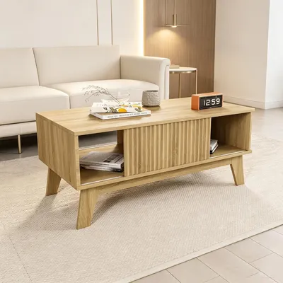 Productafbeelding van INONEFT Salontafel, houten design met schuifdeuren, bijzettafel voor de woonkamer met opbergruimte, rechthoekige koffietafel, 95 x 48 x 41 cm