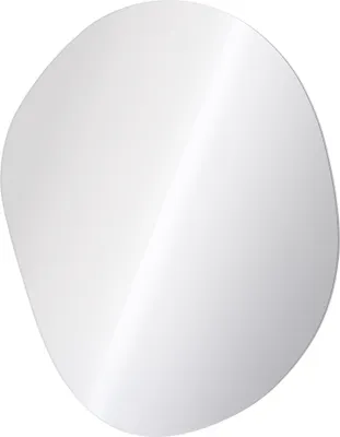 A large, frameless, asymmetrical mirror with a reflective surface, presented against a white background.