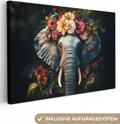 Produktbild von Leinwandbilder 120x80 cm - Tiere, Blumen - Elefant, Bilder Wohnzimmer Modern, Wanddeko