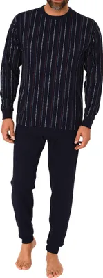 Produktbild von Herren langarm Schlafanzug mit Bündchen Pyjama in eleganter Streifenoptik ; navy , 52