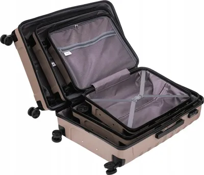 Three suitcases nested inside each other, with the largest one open.