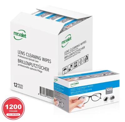 Produktbild von MR.VALET Optical Wipes Brillenputztücher 12 x 100 Stück, schnell trocknend, schlierenfrei, für Smartphone-Displays und Kameraobjektive