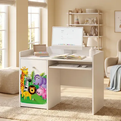 Produktbild von Schülerschreibtisch Weiß für Kinder mit Motiv, Jugendschreibtisch Hausaufgabentisch mit viel Stauraum, PC-Tisch für das Kinderzimmer, KI-generiertes Bild