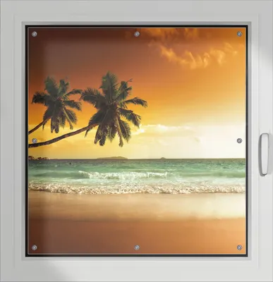 Produktbild von Wallario Lichtschutzbild, Dekorativer Sichtschutz Sonnenschutz 96 x 93 cm mit Motiv: Palmen am Sandstrand bei untergehender Sonne - Verdunklung ohne Bohren