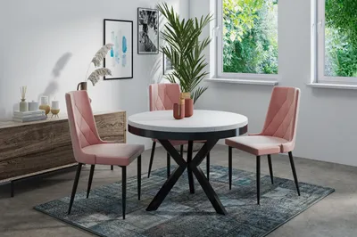 Produktbild von Runder Ausziehbarer Esstisch im Loft-Stil - Industrieller Tisch mit schwarzen Metallbeinen - Platzsparender Tisch für Wohnzimmer - Weiß - 100 bis 140 cm
